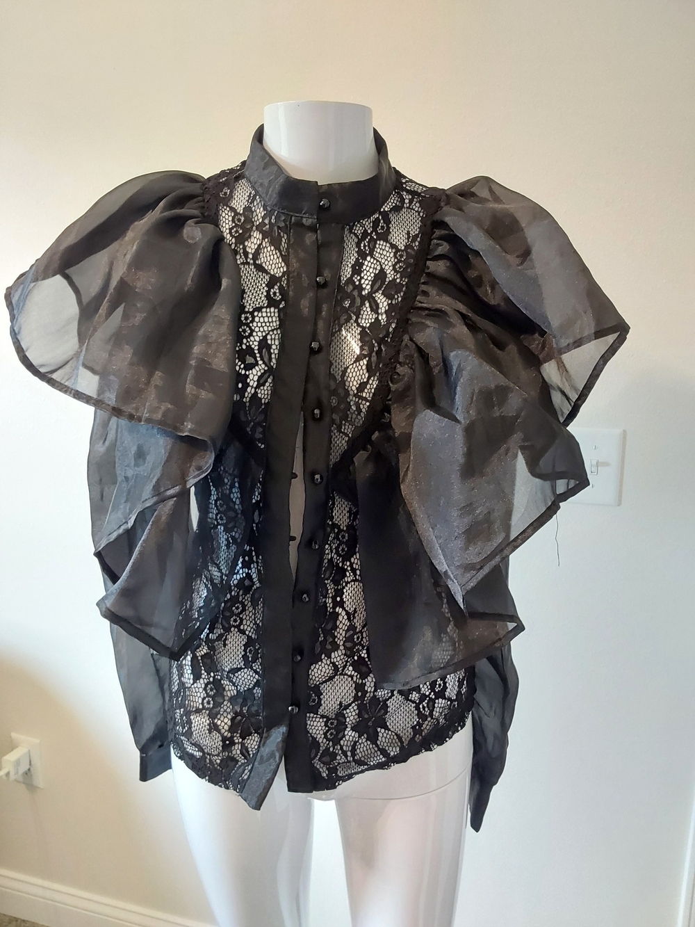 Black Lace Button-Front Puff Sleeve Blouse